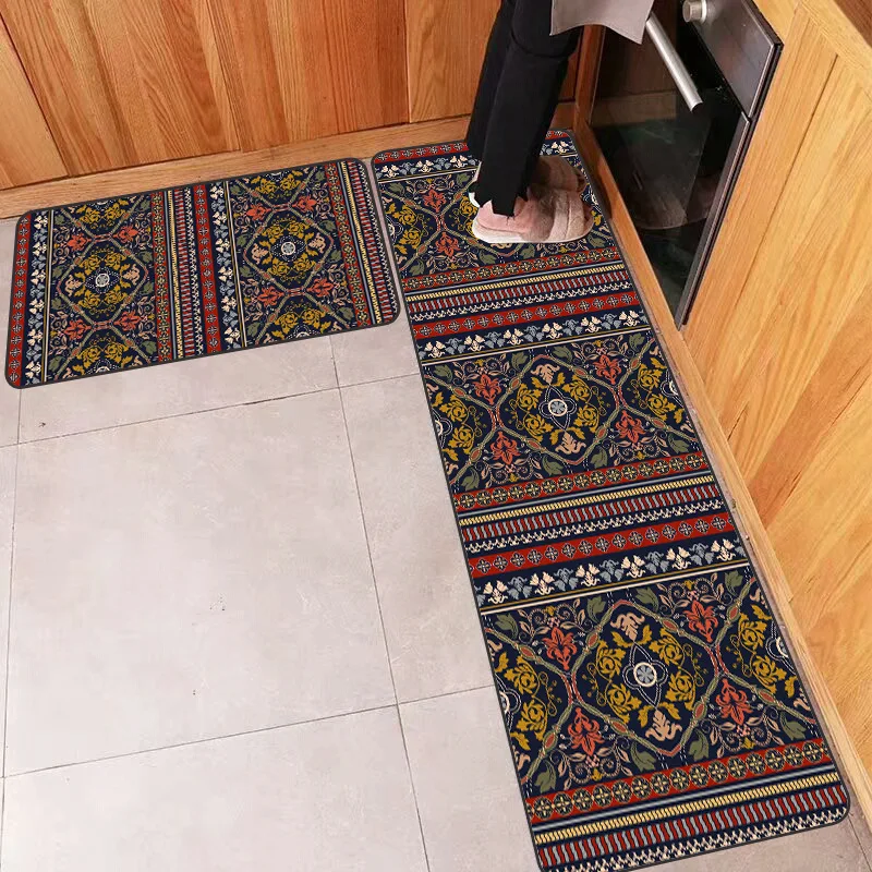 

Bohemian black and yellow retro ethnic style flower kitchen mat combination entry mat bedroom strip plush rug bathroom floor mat