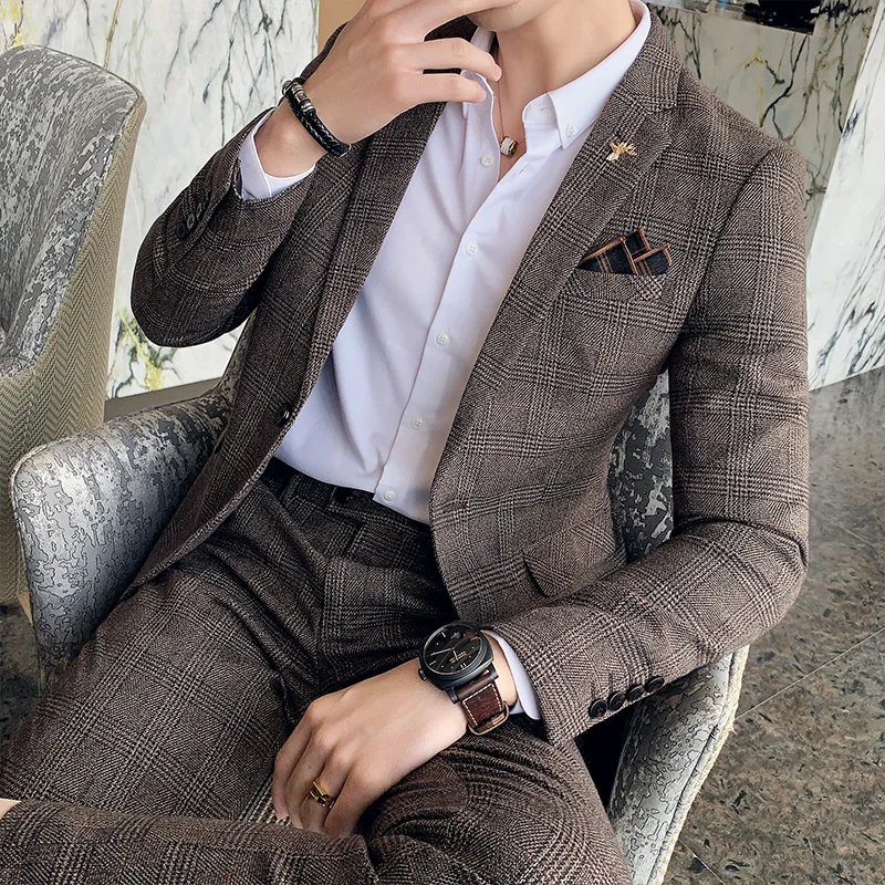 Mens Suit Luxury Men Slim Fit Check Suit Men Business Office Formal Suits 2 Pcs Set Blazers Pant Casual Wedding Social Tuxedo Dress Homme