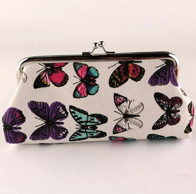 Fashion Woman Purses Elegant Butterflies Canvas Student Pink Wallet For Mobile Phone Green Long Coin Purse For Girl Gifts 814