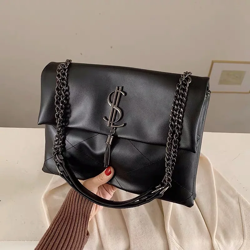 Bolso de hombro de cuero de para mujer, bolso de bandolera con cadena, Bolso grande de diseñador de marca famosa, bolso de