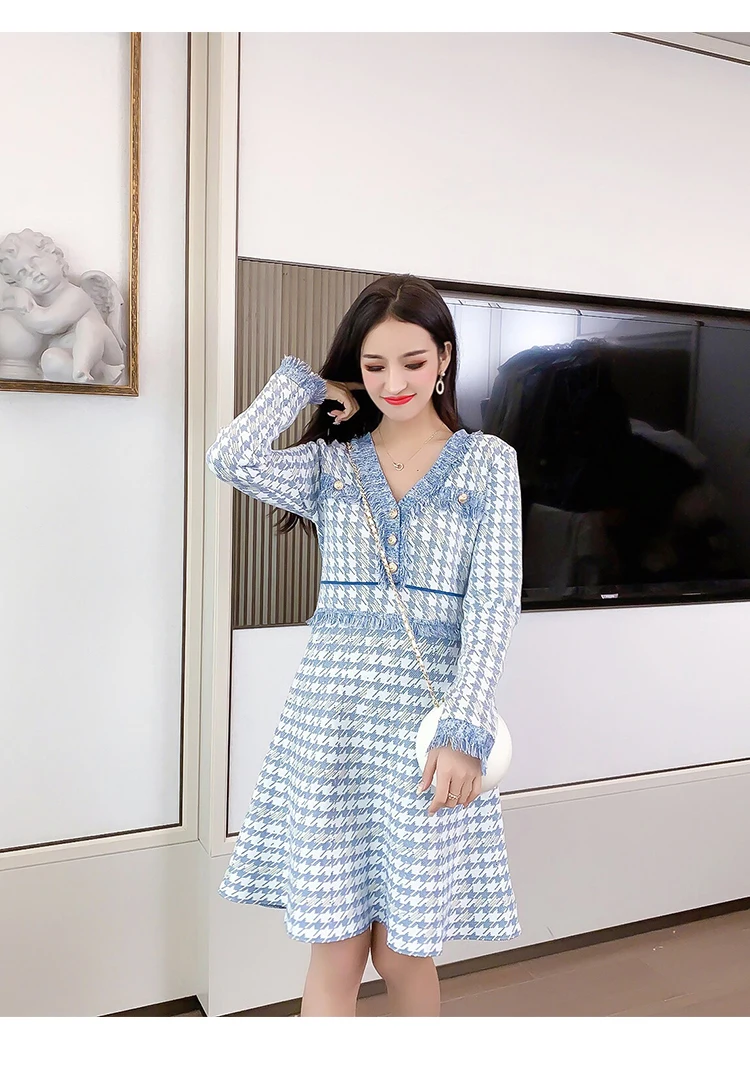 Корейское издание осеннее высококачественное новое женское платье с узором модное клетчатое платье с v-образным вырезом и длинными рукавами с кисточками вязаное платье Vestidos
