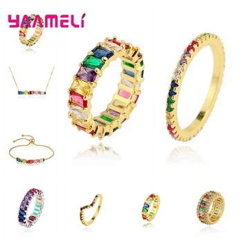 

Free Shipping Dubai Jewelry Sets For Girls 925 Sterling Silver Colorful Necklace/Bracelts/Finger Rings Wedding Party Jewlery