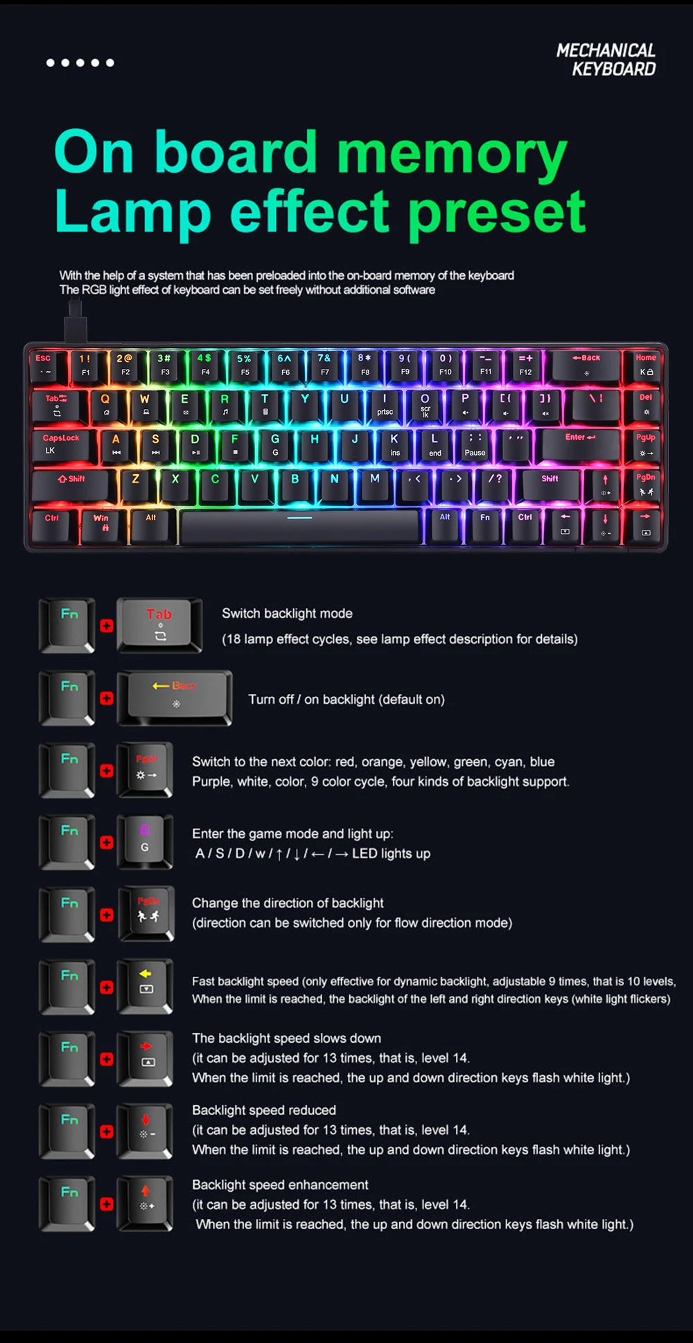 RGB Gaming Mechanical Keyboard Wired 68 Key Small Game Keyboard LED Backlight Red Blue Switch For Gamer Laptop PC Computer