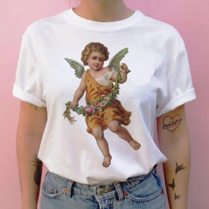 Футболка с ангелом harajuku, с рисунком героев мультфильмов, 90 s, повседневная женская футболка с круглым вырезом, Винтажная футболка, топы, футболки, кавайные эстетические - Цвет: 846
