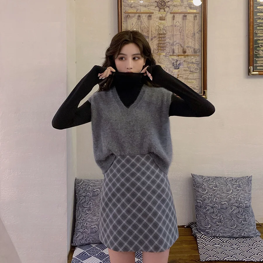 Осень, женский свитер, свободный, свободный, в Корейском стиле, без рукавов, свитер, жилет, однотонный, v-образный вырез, женские топы