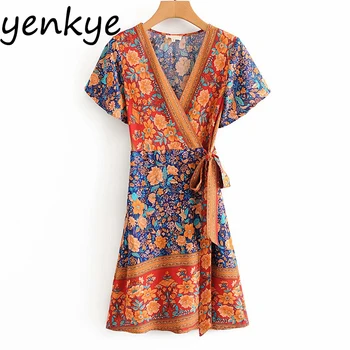 

Holiday Boho Dress Women Vintage Floral Print Wrap Dress Lady V Neck Short Sleeve A-line Casual Beach Summer Dress DJF9081