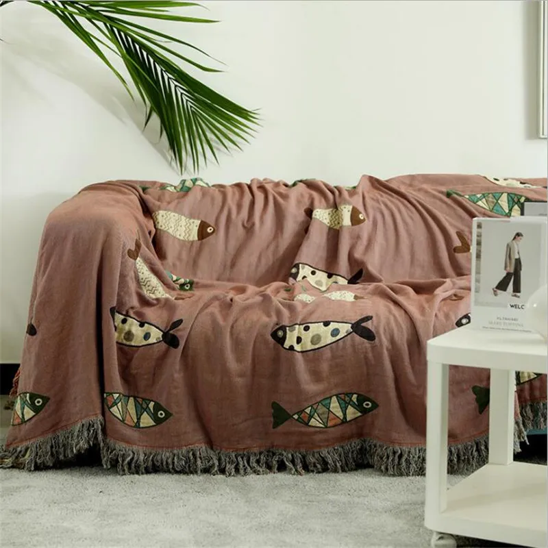 Хлопковое многофункциональное двустороннее жаккардовое полотенце для дивана, вязаное одеяло с кисточкой, домашнее декоративное покрывало с нитью