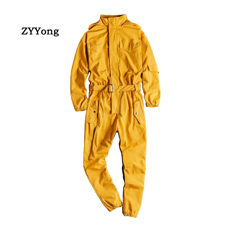 

Men Jumpsuit Long Sleeve Hooded Multi Pocket Beam Feet Cool Overalls Hip Hop Loose Yellow Cargo Pants Fashion Casual Trousers