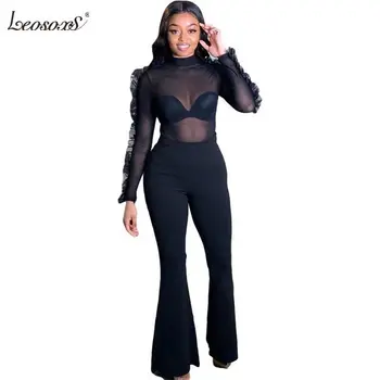 

2 Piece Sets Womens Outfits Sexy Ruffle Sleeve Mesh Perspective Solid Color Clubwear Flared Trousers Clothing Women 2 Piece Set