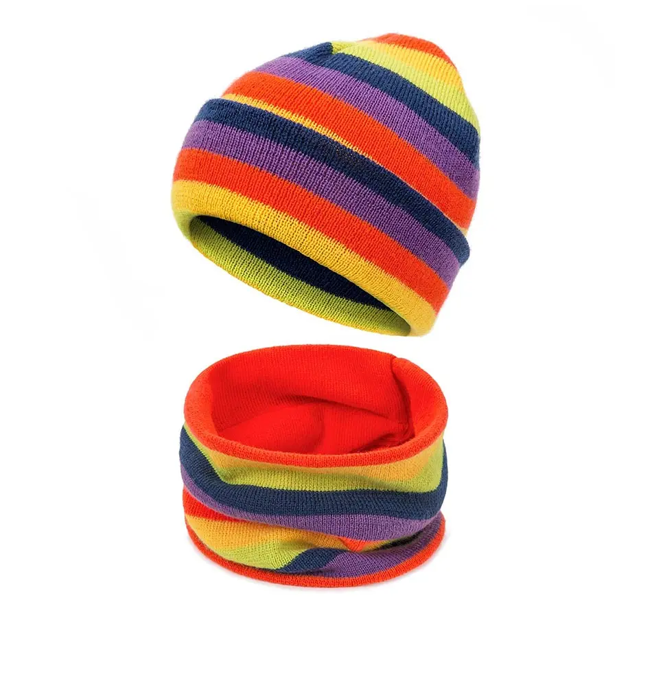 Цветная Полосатая Зимняя женская вязаная шапочка-шарф, костюм для девочек, зимняя шапка, шейный шарф для детей и взрослых, шапочки Skullies Beanies