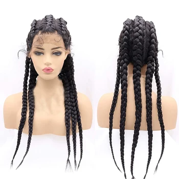

Handmade Box Braided Synthetic Lace Front Wig with Baby Hair 1B# Black Long Big Braiding 5 Braids Wig for Black Women