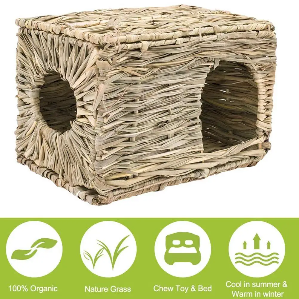 Foldable Woven Grass Pet Rabbit Hamster Guinea Pig Cage Nests House Chew Toy