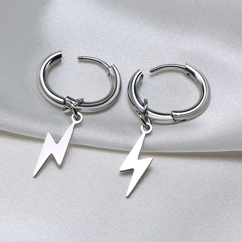 Lightning Bolt Charm Hoop Huggie Silver Color Earrings for Men Stainless Steel Hinge Hoops Lightnings - Image 5