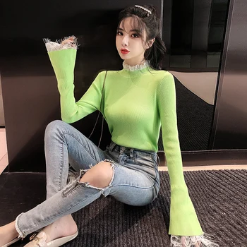 

A1620 # Half-Turtle-Neck Base Shirt Sweater Women's Autumn Joint Lace Bell Sleeve French Retro Palace Style Tops