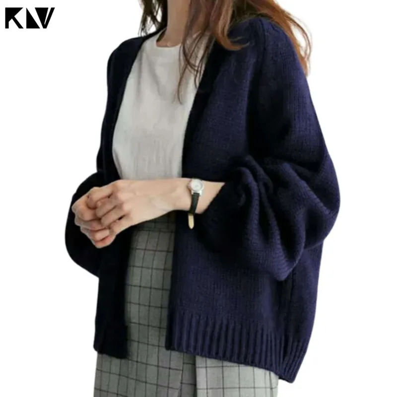 Женский кардиган с длинными рукавами-фонариками, вязаный крючком однотонный короткий свитер, пальто для отдыха, Повседневная Свободная верхняя одежда