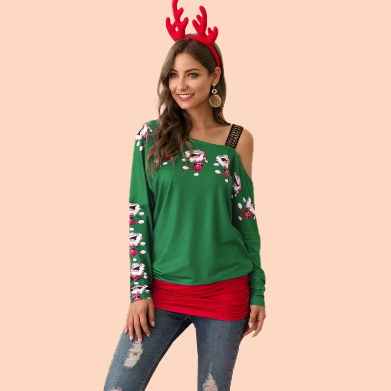 Женская футболка на осень и зиму с длинным рукавом и принтом Санты, сшитая модная футболка на одно плечо, Женская Повседневная Рождественская одежда