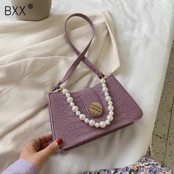

[BXX] Crocodile Pattern Simple PU Leather Crossbody Bags For Women 2020 Summer Pearl Chain Shoulder Handbags and Purses HN374