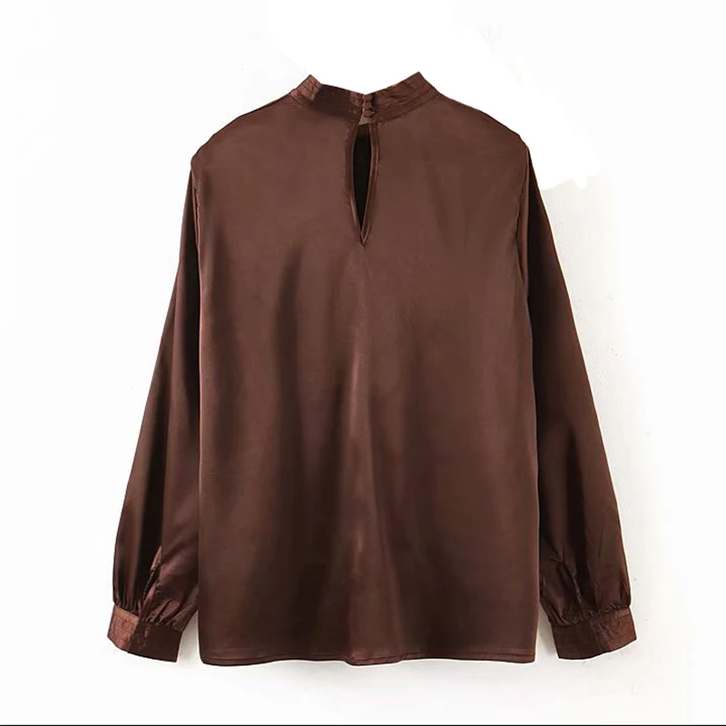 Элегантная однотонная атласная блузка, повседневная плиссированная туника с длинным рукавом, топ, женская мягкая рубашка с воротником-стойкой, Весенняя Осенняя офисная рубашка, блузы