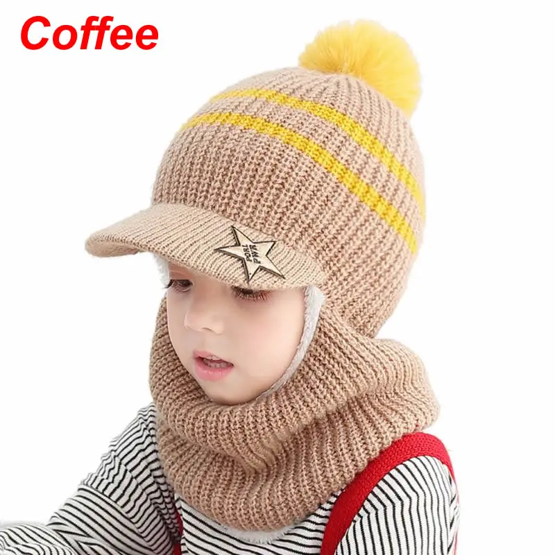 Детская зимняя шапка с помпонами, шапочки для маленьких девочек и мальчиков, шапка с теплой флисовой подкладкой, шапки для детей - Цвет: Coffee