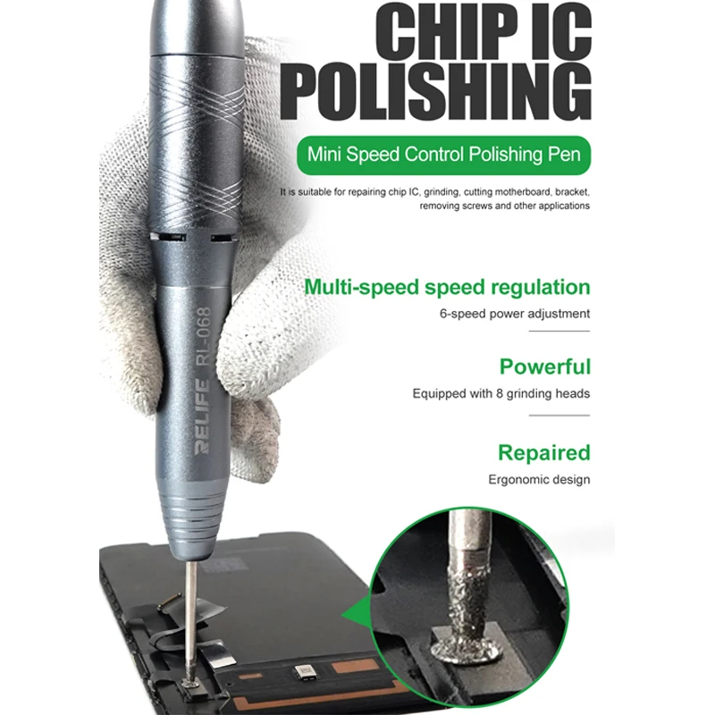 

RELIFE RL-068 Mini Speed Regulation Polish Pen with 8 Grinding Heads for Polishing Engraving Cutting Cleaning CPU Repair