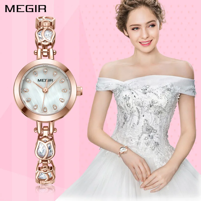 Высокое качество маленькие часы-браслет из розового золота для женщин Megir