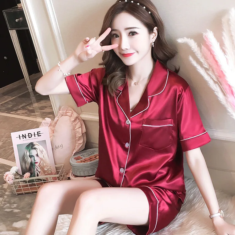 

New Hot Sale Spring Summer Women Faux Silk Pajamas Set Silk Pajamas Simple Pure Color Leisure Nightwear Short Sleeves Sleepwear