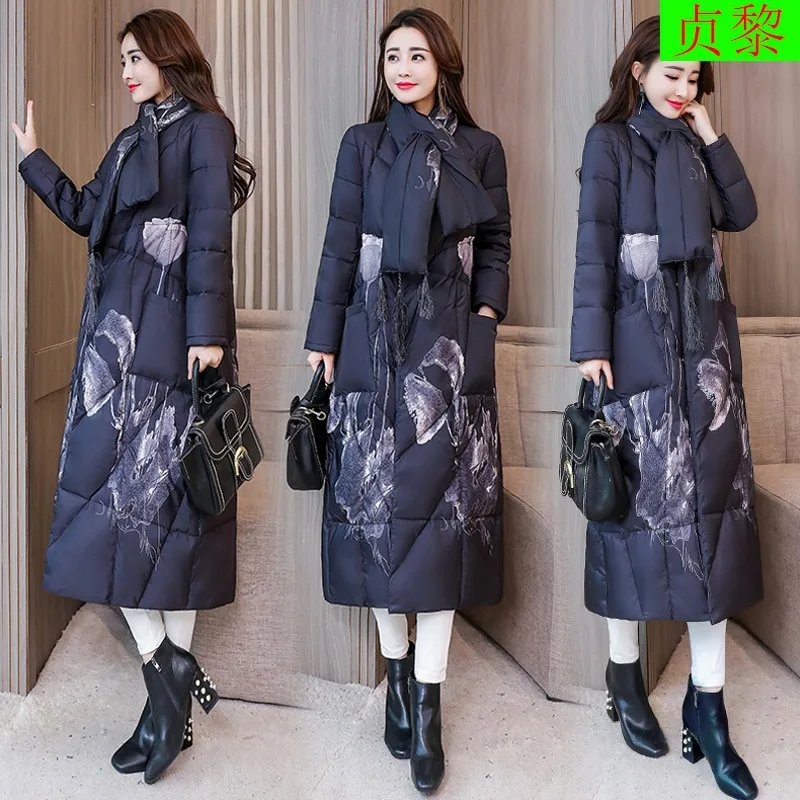 

Chinese-style Retro Cotton-padded Jacket Women's 2018 Winter New Style Fashion Long over-the-Knee Thick down Feather Cotton-padd