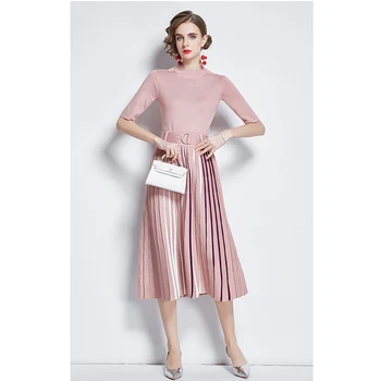 

2020 New Fashion Round Neck Temperament Shoulder Sweater Spliced Women's Dress Contrast Color Pleated Dress Two-Piece Set