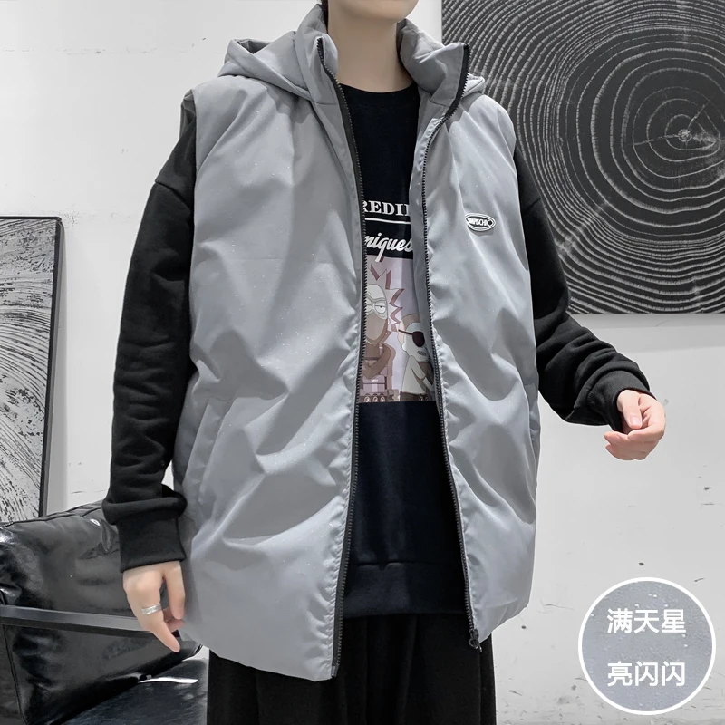 

Hong Kong style large size reflective shiny hooded cotton vest men