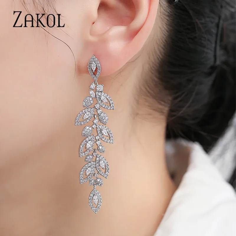 Kopen Zakol Fashion Koreaanse Cz Leaf Bruiloft Sieraden Marquise Aaa Zirconia Lange Drop Bridal Oorbellen Voor Elegante Vrouwen FSEP2144