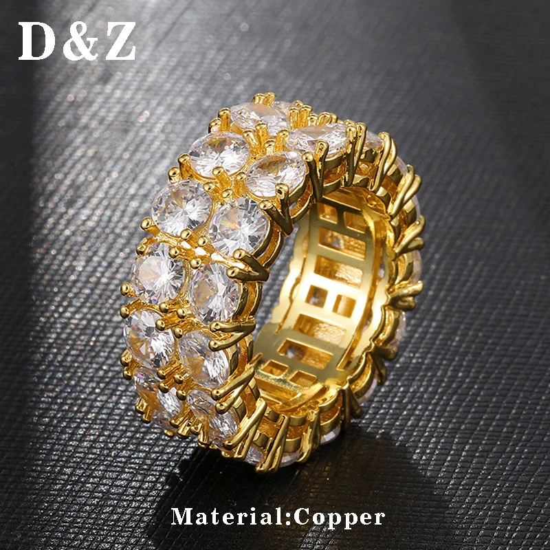 D & Z 2 Righe Ghiacciato Fuori Bling Grandi Anelli Di Zircon Per Gli Uomini Oro Argento Di Colore Di Rame Bague Homme Hip Hop Dei Monili 2019