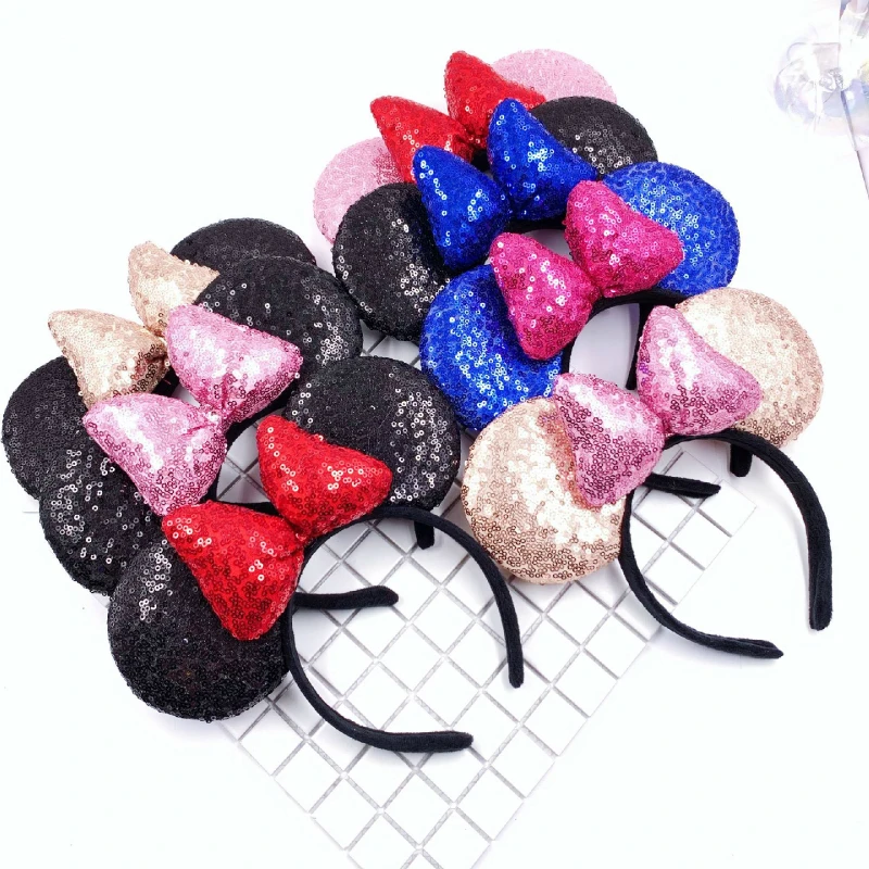 Минни Микки Блестящий Hairband Маус Уши Ободки Девушка Волосы Луки Аксессуары День