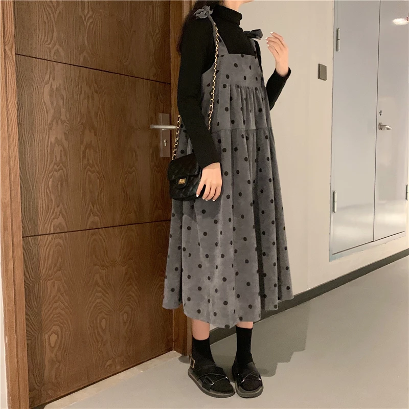XL-5XL плюс размер женское винтажное вельветовое платье осень Мода Лук Спагетти ремни в горошек Плиссированные Миди длинные платья