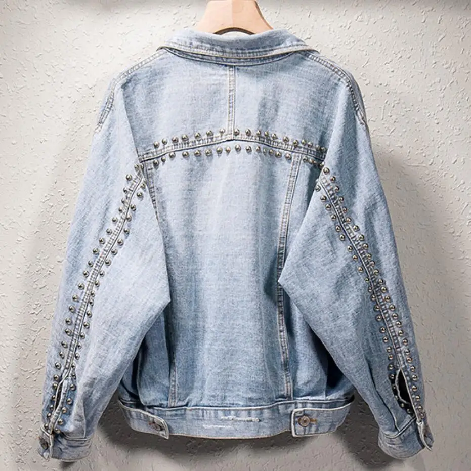 

2019 autumn fashion women's beaded hole denim jacket 5XL