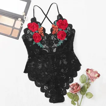 

women lace sleepwear Bodysuit Floral Embroidered Sheer Teddy Bodysuit Women 2020 Summer Sexy Lingerie Nightwear#0603sy30