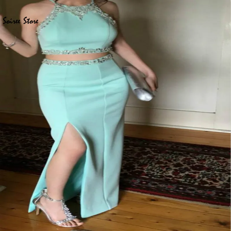 

Cheap Two Piece Prom Dresses Mermaid Beaded Long Evening Dress Split Fairy Lady Trumpet Formal Party Gowns 2020 Graduation