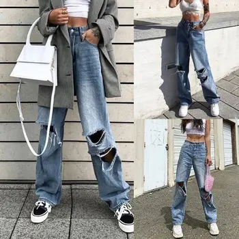 

Women High Waist Destroyed Flare Jeans Ripped Hole Wide Leg Denim Long Pants