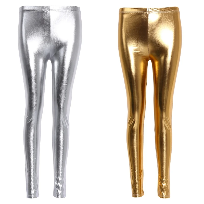 

Women Shiny Silver Gold Leggings High-Waisted Faux Leather Stretch Pencil Pants