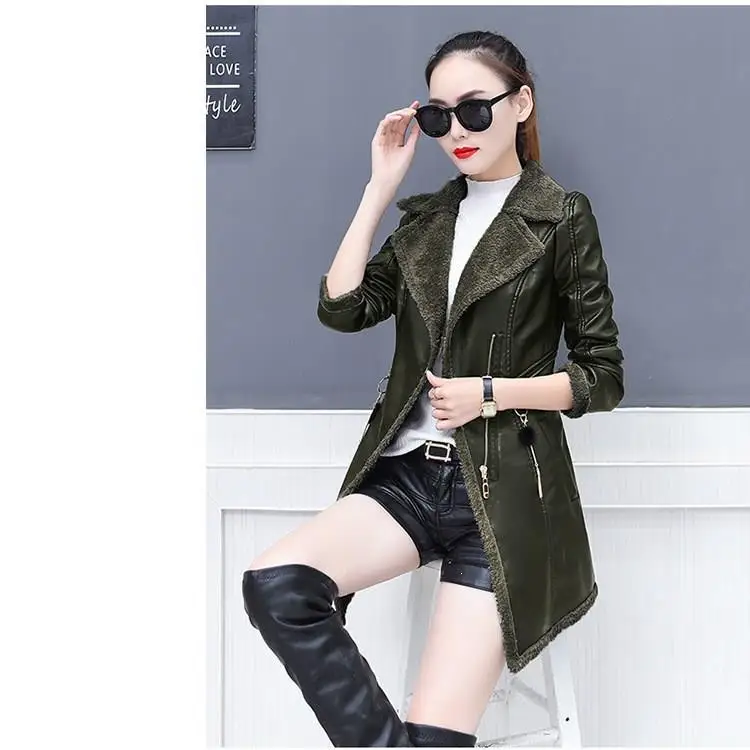 Winter Lapel Zipper Faux Leather Coat Korean Long Pu Jacket Women Gray Green Khaki Loose Tops Plus Velvet Jacket