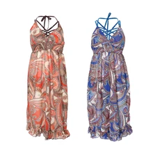 Женщины Холтер шеи вырезанный из 3 частей бикини Купальники с Boho печати империя талии Макси юбка