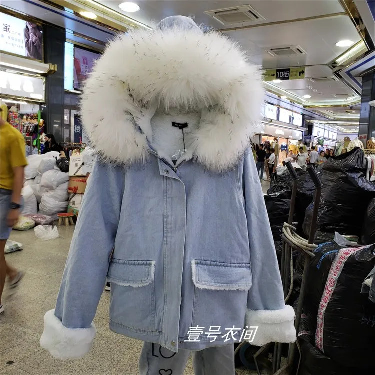 

New Korean 2019 Winter Padded Lamb Wool Denim Coat Women's Hooded Fur Collar Warm Cotton-padded Jacket Parka Windbreaker Large