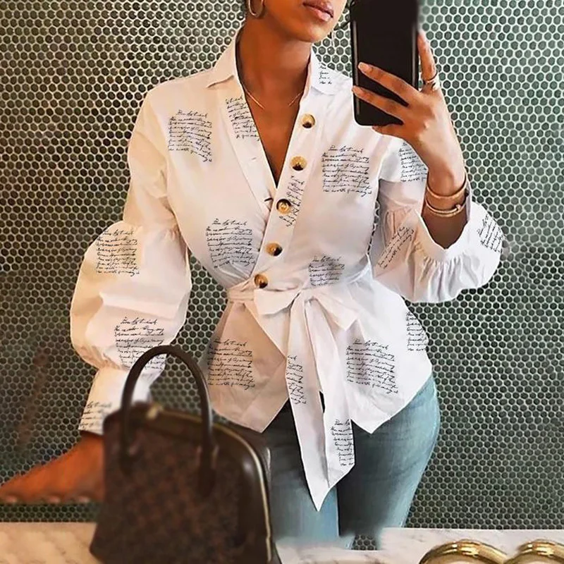 

Women blouse business work Print office ladies Blouse Long Lantern Sleeve Lapel Button Elegant Lacing female tops