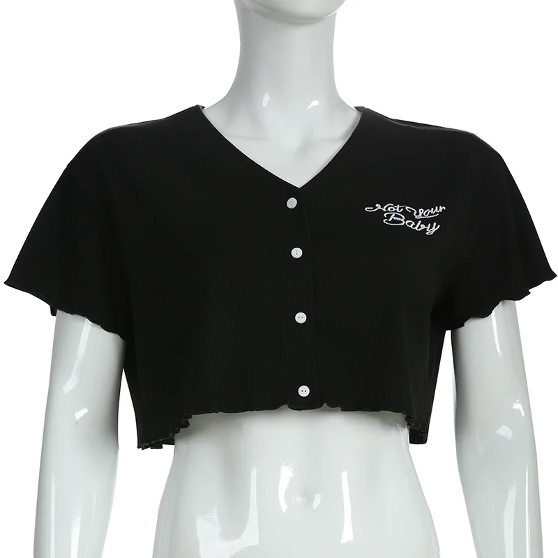Готический темно-черный гранж свободные готические футболки винтажные пуговицы укороченный топ с вышивкой рюшами v-образным вырезом Модные женские футболки панк