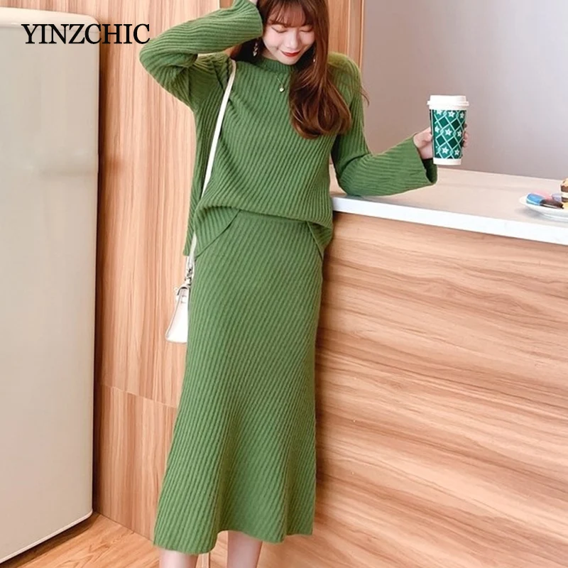 

Woman Winter Knitted Two-pieces Suits Solid Color Casual Female Sweater Skirt Sets Ladies Elegant Warm Sets