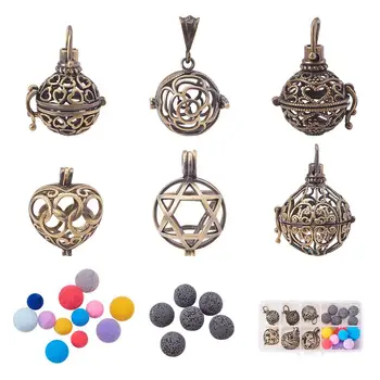 

6Pcs Hollow Silver Plated Bead Cage Pendant Oil Diffuser Charms with Lava Beads
