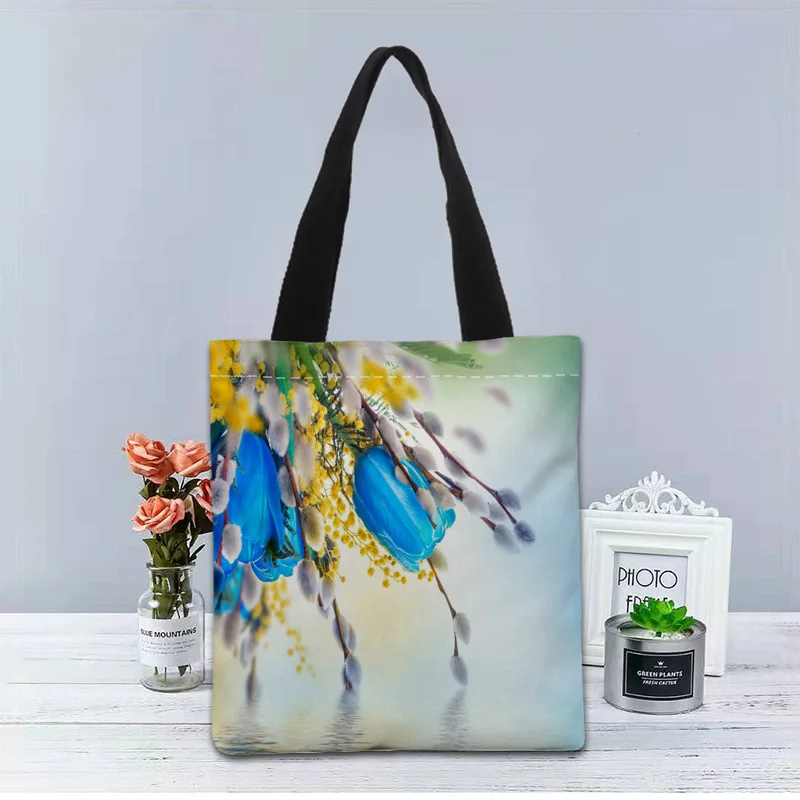 Tulip Flower Handbag Foldable Shopping Bag Reusable Eco Large Unisex Canvas Fabric Shoulder Bags Tote Grocery Cloth Pouch 1214 