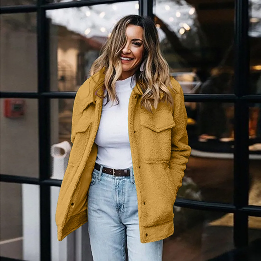

Elegant Faux Fur Coat Women 2019 Autumn Winter Warm Soft Button Fur Jacket Female Plush Overcoat Pocket Casual Teddy Outwear 906