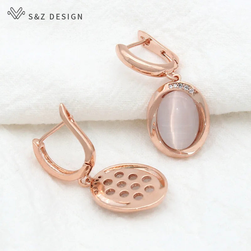 S&Z DESIGN New Elegant 585 Rose Gold Color Egg Shape Oval Cat's Eye Dangle Earrings For Women Wedding Natural Zircon Jewelry