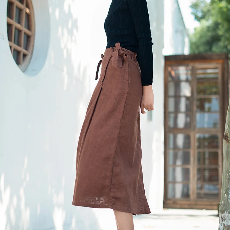 SCUWLINEN новые женские юбки однотонная эластичная шнуровка для талии плюс размер свободное льняное хлопковое плиссированная Повседневная Юбка Saia Longa S988