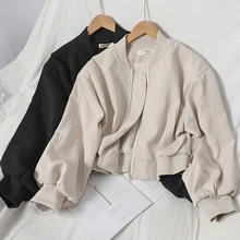 Veste courte à fermeture éclair pour femmes, manteau d'automne ample de Style coréen, col montant, couleur unie, uniforme de Baseball, 2021